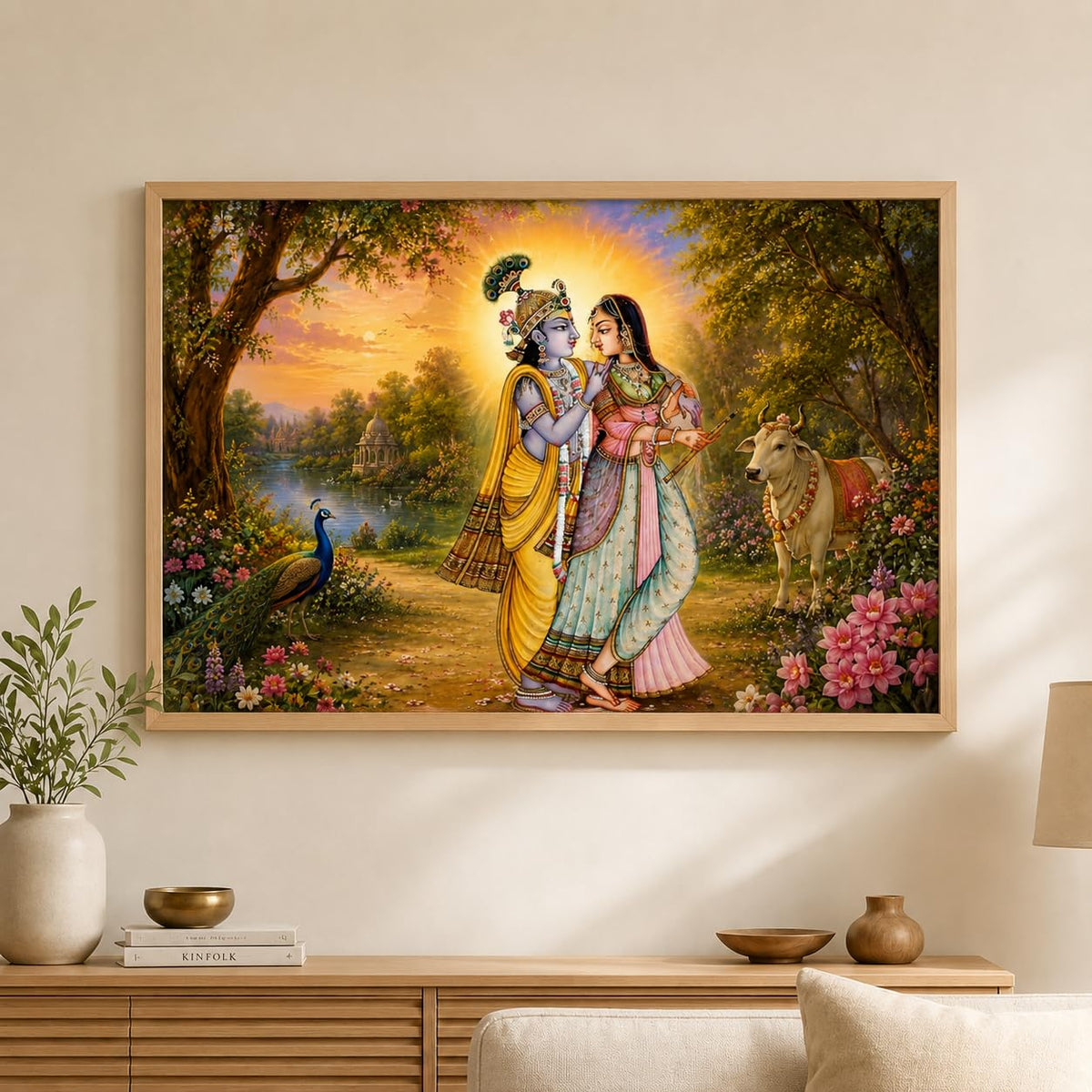 Radha Krishna Garden Vastu Wall Painting for Living Room Bedroom Hall Office Decor, Devotional Peacock Cow Artwork, Premium Wooden Synthetic Frame (13.5 x 19.5 Inch) NM01-V-166
