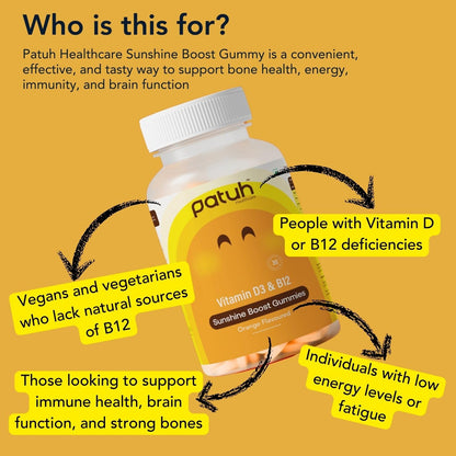PATUH HEALTHCARE Vitamin D3 & B12 Gummies | 100% Vegetarian Formula | Sugar-Free Energy & Immunity Support Gummies for Men and Women | Orange Flavour Vegan Supplement | Pack of 1
