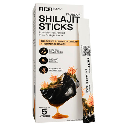 Ace Blend 400mg TRUBLK Shilajit Sticks (5 Servings) | 120mg Cordyceps Mushroom & Organic Honey | Over 75% Fulvic Acid & 80+ Trace Minerals | For Strength & Performance | High Absorption | Men & Women