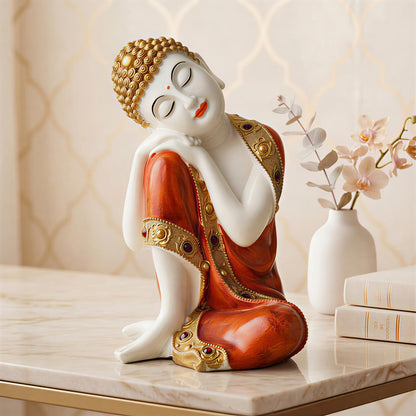 Buddha Idol Statue | Show Pieces for Home Decor Living Room (Orange White Glossy)
