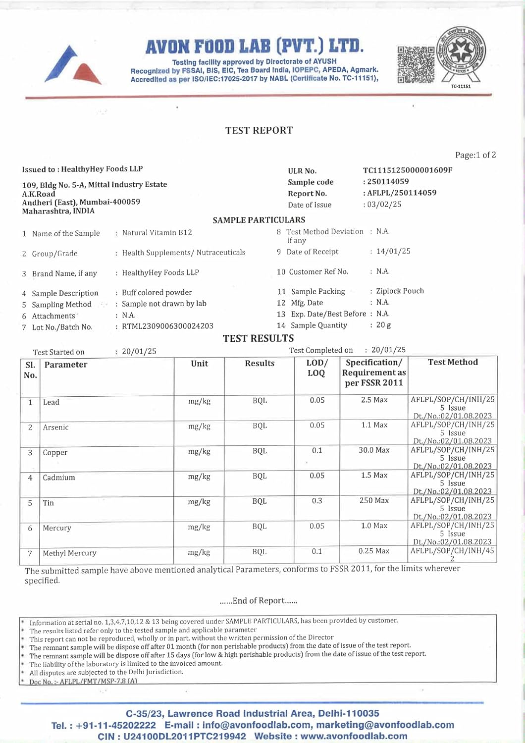 Avon Food Lab test report for food products