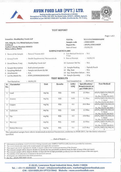 Avon Food Lab test report for food products