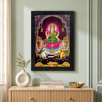 Lakshmi With Ganesha and Saraswati Photo Painting with Wooden Frame Black for Temple - (14 x 12 Inches)