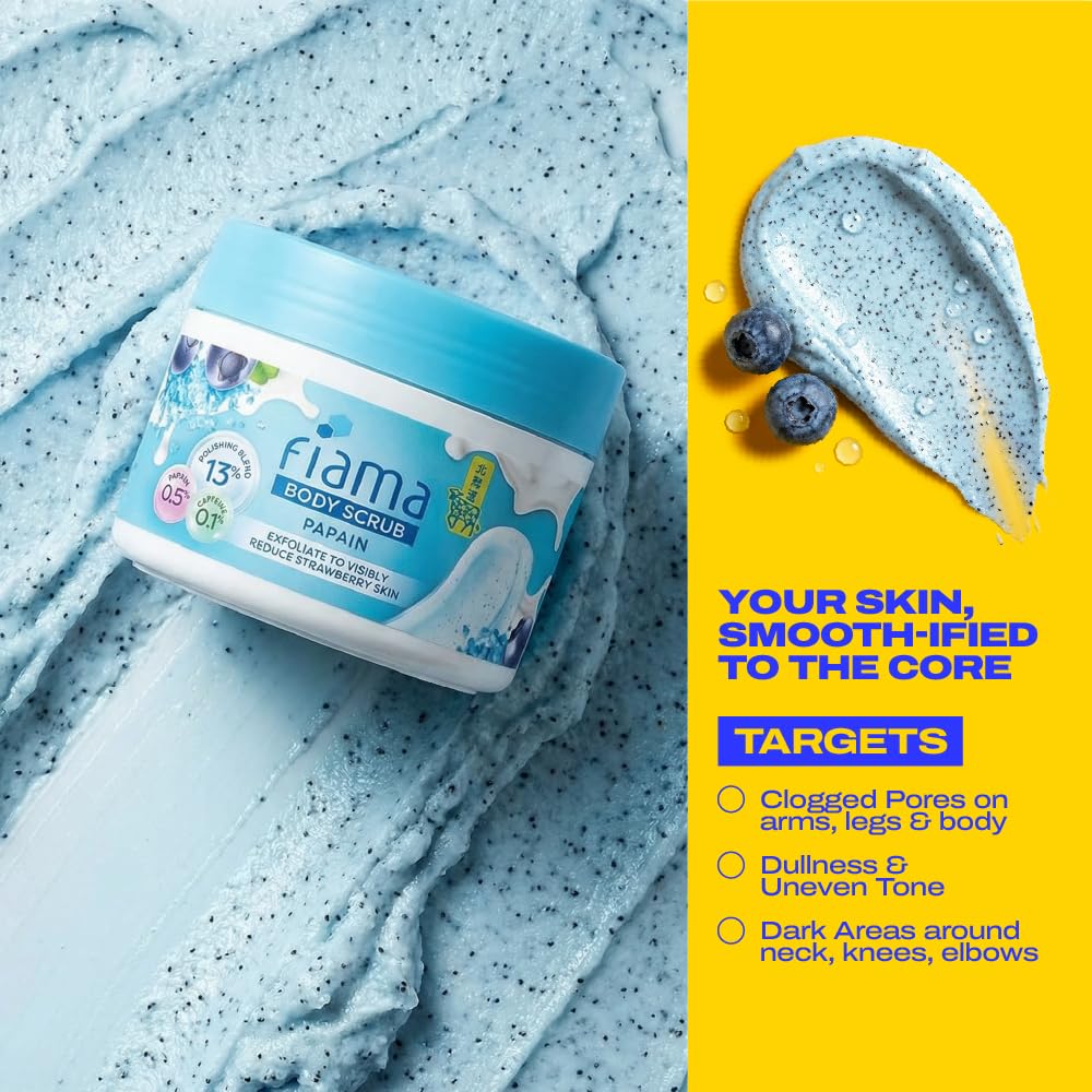 Fiama Strawberry Skin Exfoliating Body Scrub 200g, 0.5% Papain Enzyme + 0.1% Caffeine, Chemical + Physical Exfoliation, 13% Polishing Blend, Reduces Keratosis Pilaris, Refreshing Aqua Fragrance