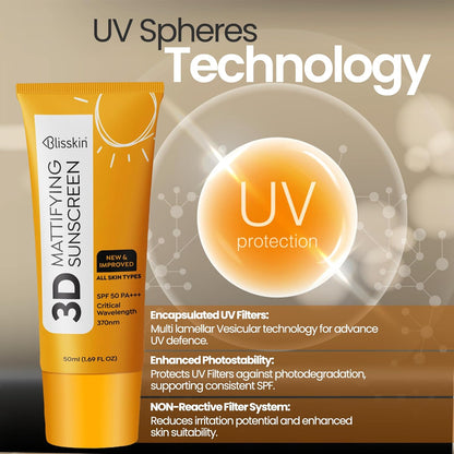 Blisskin Sunscreen SPF 50 PA+++ | 50ml Organic & Non Comedogenic SunscreenSPF50 | UVA, UVB & Blue Light Protection | With Hyaluronic Acid & Vitamin C | No White Cast | For All Skin Types
