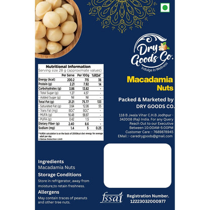 Dry Goods Co. Premium Macadamia Nuts | Jumbo Roasted & Salted Macadamia Kernels | Rich Buttery Taste | Healthy Snack | High in Fiber & Good Fats | Ready to Eat Gourmet Dry Fruits