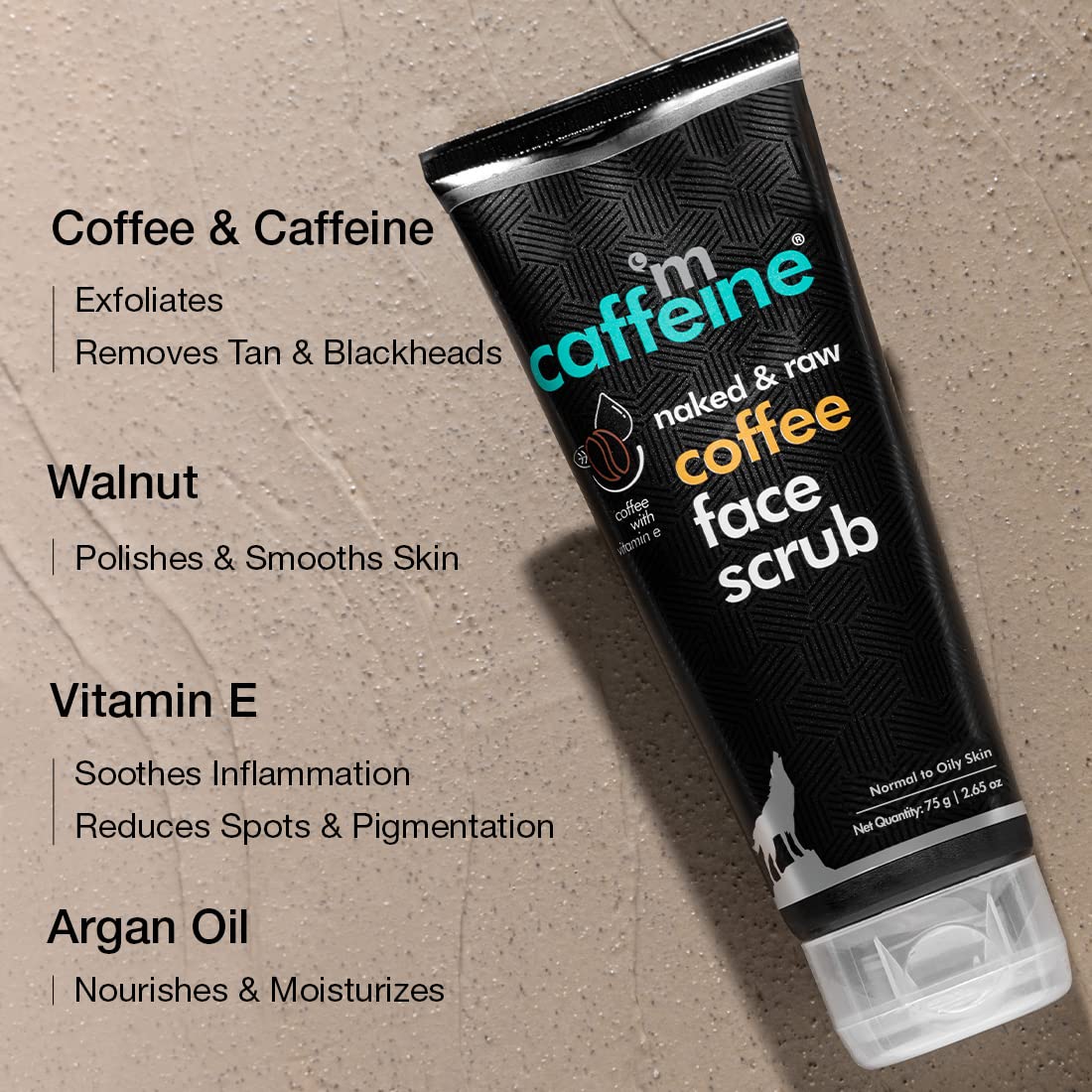 Tube of mcaffeine coffee face scrub with ingredients listed on a textured background