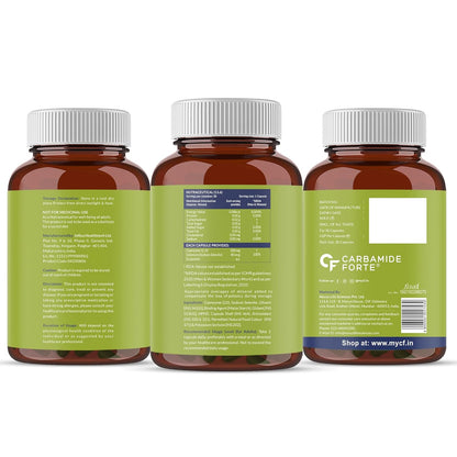Three bottles of Carbamide Forte with green labels on a white background
