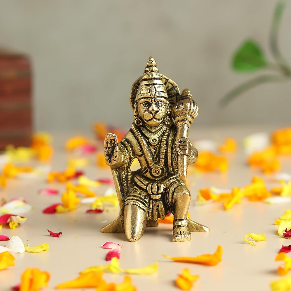 Brass Hanuman Ji Idol | Handcrafted Hanuman Murti for Pooja Room | Home Temple & Festival Gift (Design10: L5 x W5 x H8 cm)