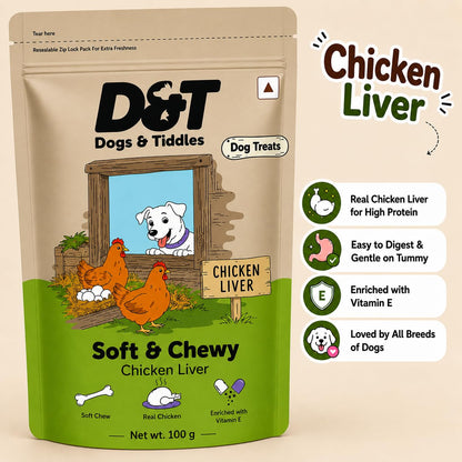 Dogs & Tiddles Chicken Liver Dog Treats, 100g | For Puppies & Adult Dogs, Soft & Chewy High-Protein, Supports Digestion & Muscle Health, Tasty Training Treats