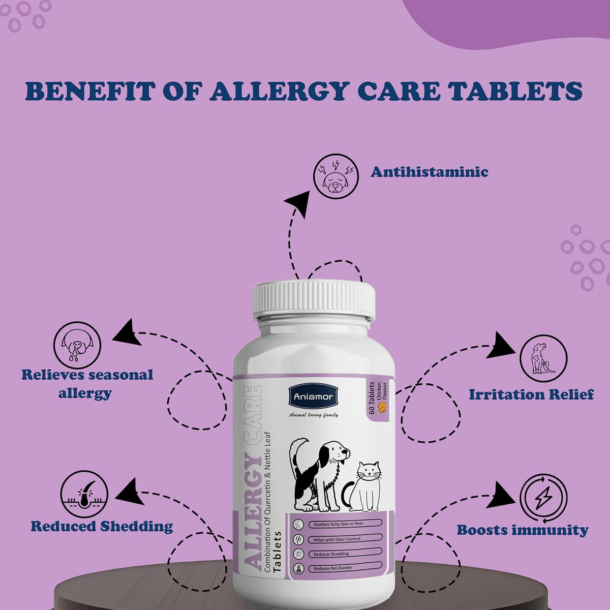 Aniamor Allergy Care Tablet for Dogs and Cats|Skin and Coat|Pets Supplement|All Life Stage|60 Tablets Bottle