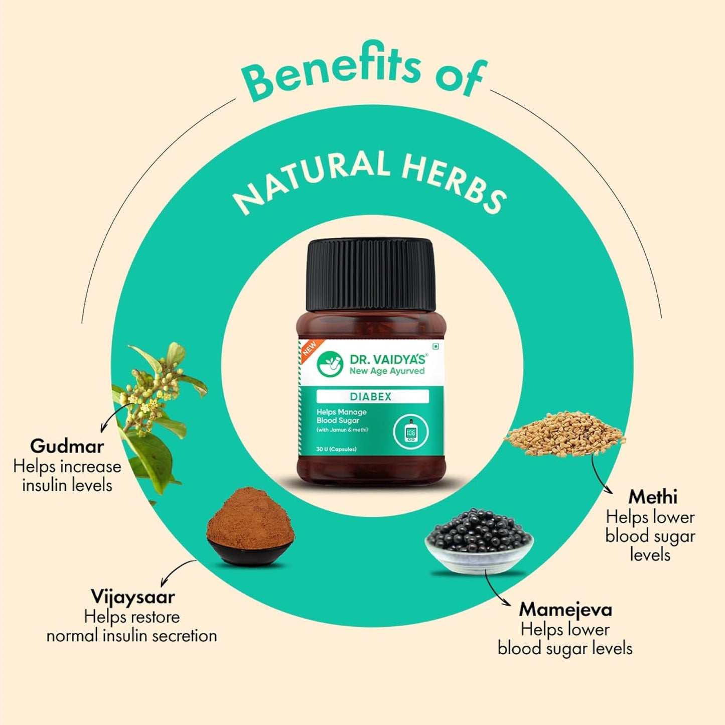 Dr. Vaidya's Diabex Capsules | Helps Regulate Blood Sugar Levels | Ayurvedic Blend With The Goodness Of Methi, Karela & Neem | (30 Capsules)