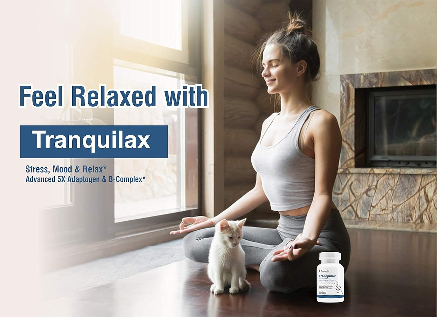 Woman meditating with a cat on the floor, Tranquilax product visible
