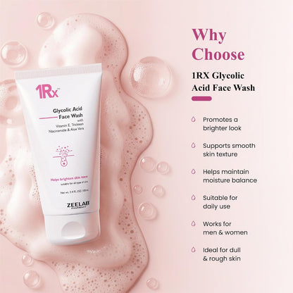 1RX Glycolic Acid Face Wash tube with product benefits on a pink background