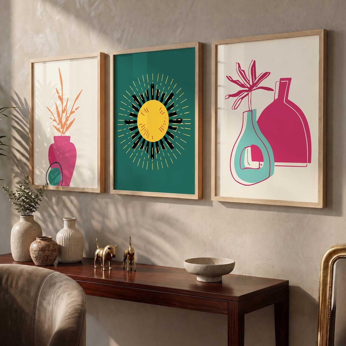 Boho Wall Art Home Decoration Paintings With Frame For Living Room Bed Room Hotel Wall Decor Digital Reprint Set of 3 (13X17 inch)