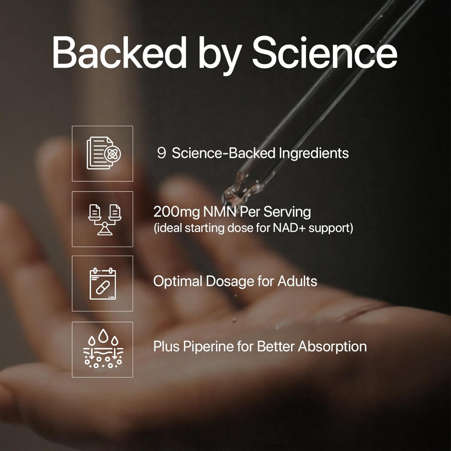 Product packaging with text 'Backed by Science' and details about ingredients and dosages.
