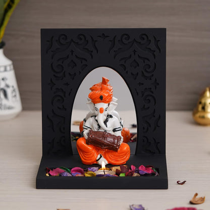 Orange White Resin Lord Ganesha Idol Playing Dholak Showpiece Potpourri Tea Light Candle Holder| Ganpati Murti Tea Light Holder Diwali Decoration Items for Home Decor Office| Diwali Gift