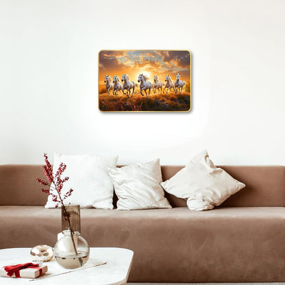 7 Running Horses MDF Wall Art 12x18 Inch | Golden Border Vastu Painting for Home & Office Décor | Modern Elegant Wall Hanging Frame for Living Room, Bedroom (Design 1)