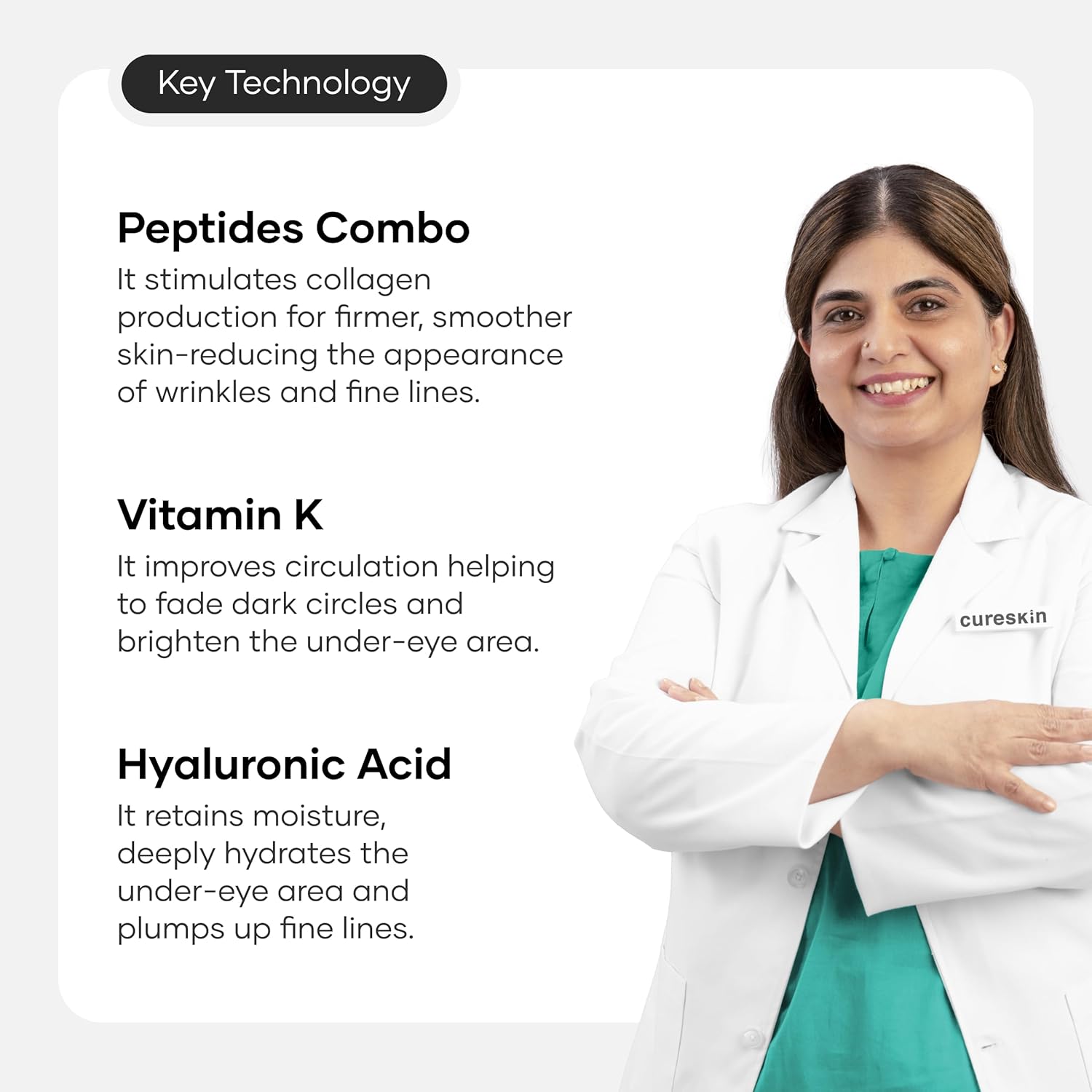 Woman in a white coat with text about skincare ingredients on a light gray background