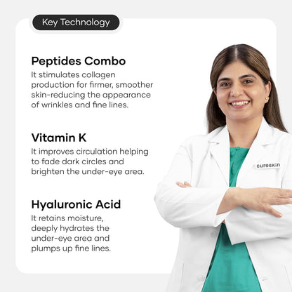 Woman in a white coat with text about skincare ingredients on a light gray background