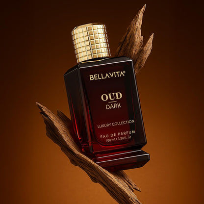 Bellavita Oud Dark luxury collection eau de parfum bottle on a brown background
