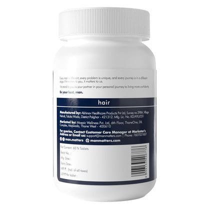 Man Matters Hair Health Booster Tablets | Strengthens Hair, Helps Improve Hair Health, Detoxifies the Gut | Amla, Bhringaraj, Shatavari & Shankhapushpi | 60 Tablets