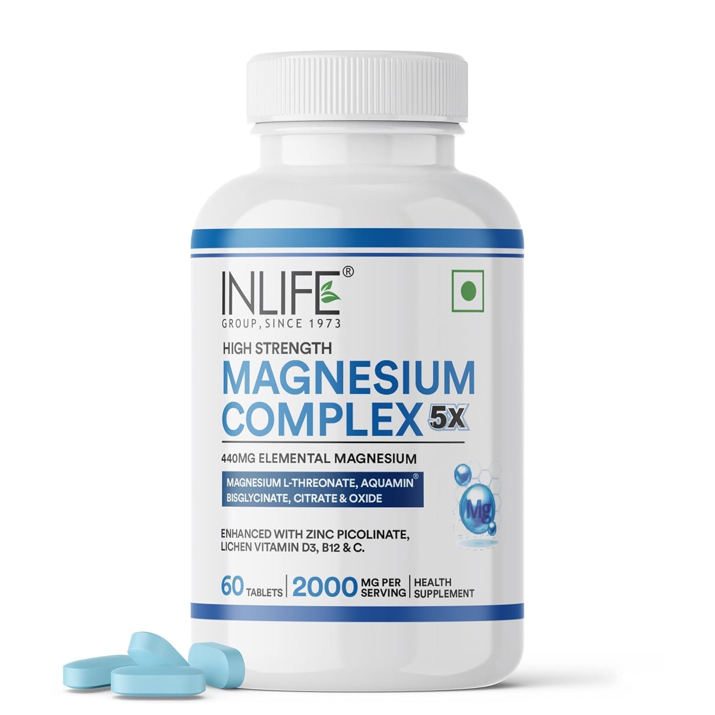INLIFE Magnesium Supplement 2000mg | 5x Chelated Magnesium Complex Glycinate, L Threonate, Citrate, Oxide with Aquamin, Zinc, Vitamin C, D3 & B12 | For Sleep, Focus, Muscles, Immunity - 60 Tablets