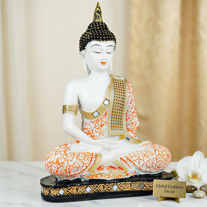 New Limited Edition 25 Centimetre Meditating Sitting Buddha Idol Statue showpiece Home Decor Decoration Items for Living Room and Gifts (Orange1 White)