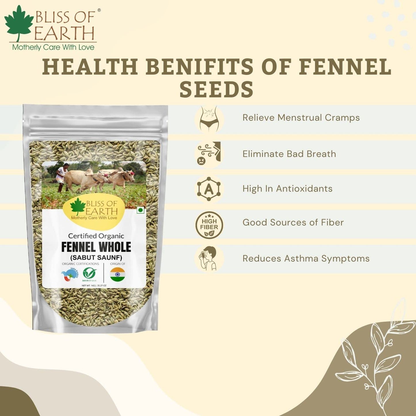 Bliss of Earth Organic Whole Fennel Seed 400gm