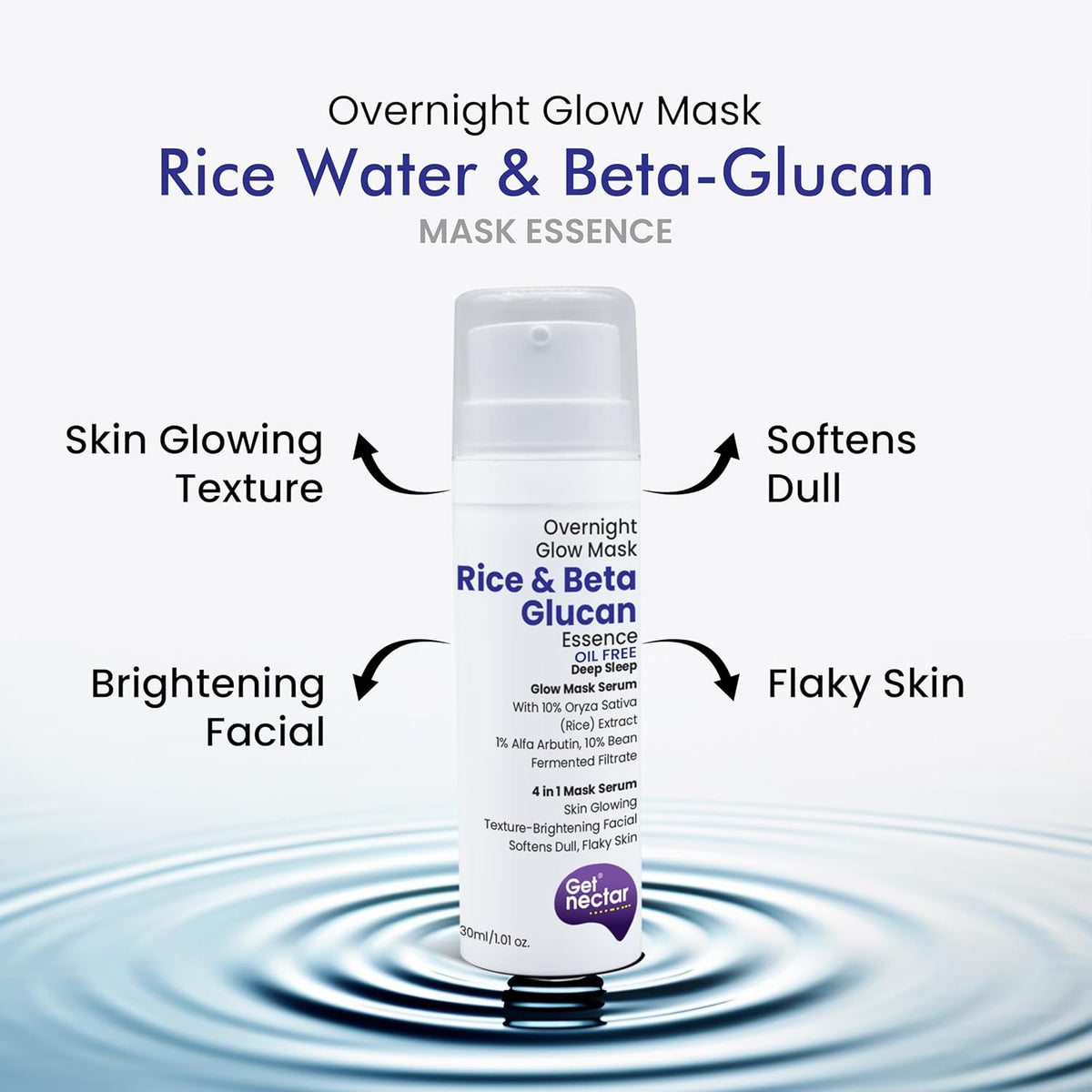 Skincare product with text highlighting benefits on a white background