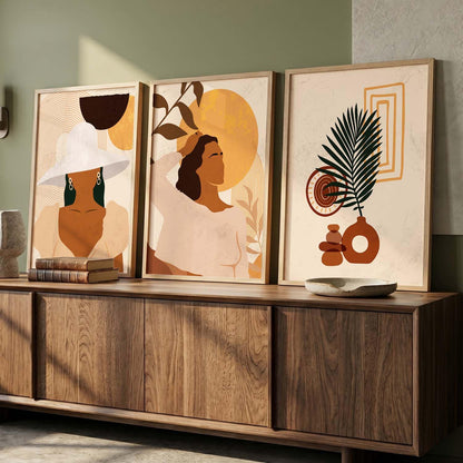 Decorative Modern Wall Art Home Decor Boho Painting poster With Frame For Living Room Bed Room Hotel Wall Decor Digital Reprint Set of 3 (13x17 inch)