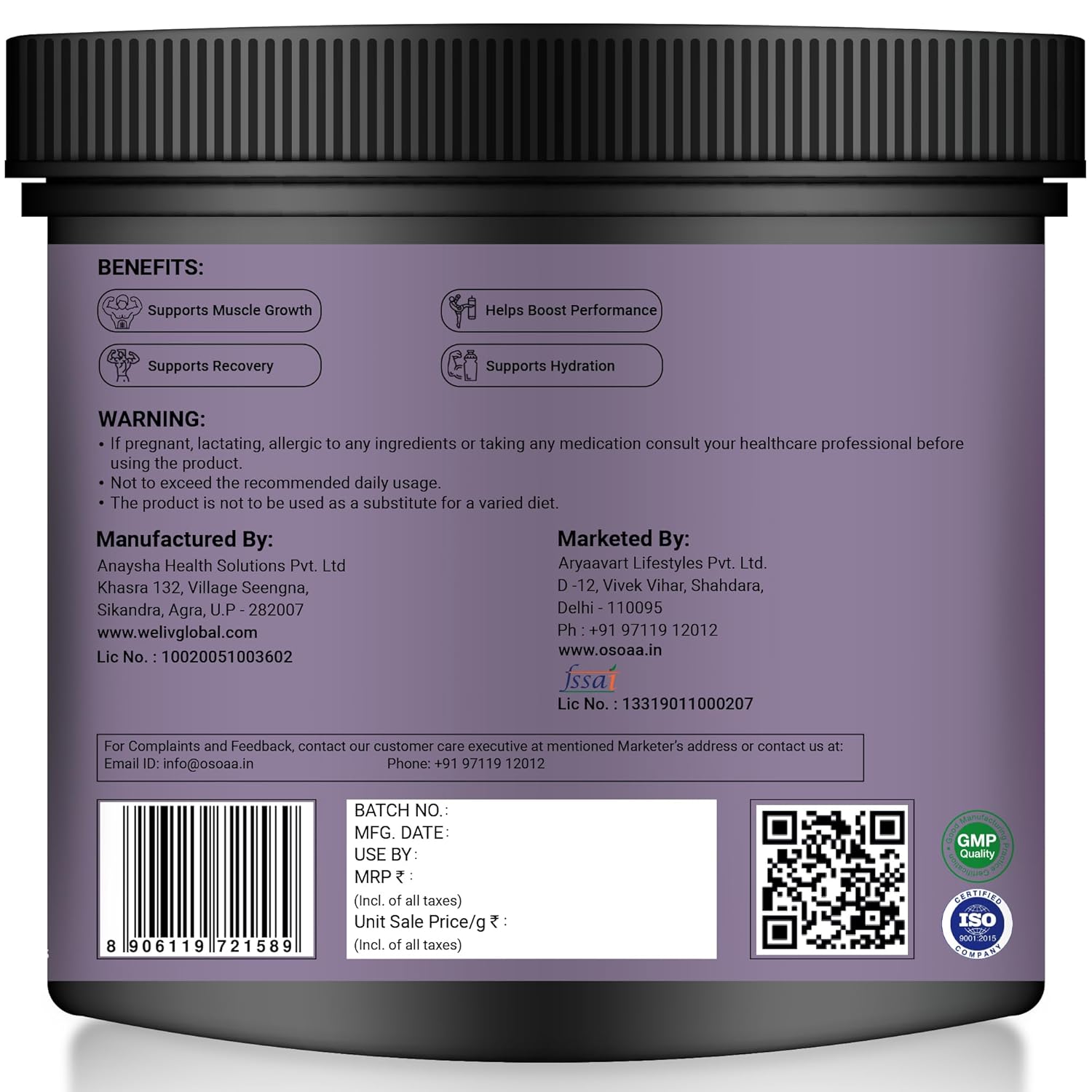 Back label of a supplement container with text and logos on a white background