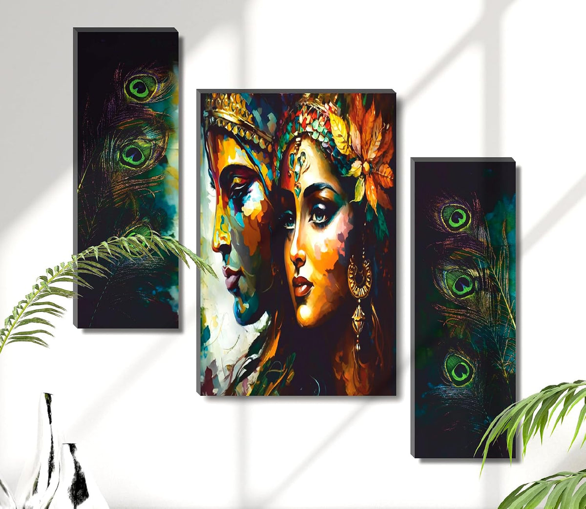 Radha Krishna Abstract Portrait & Peacock Feather Wall Art – Vibrant 3-Panel UV-Printed Triptych | Ready-to-Hang Spiritual Décor for Living Room, Bedroom & Pooja Room (20 Inch x 12 Inch) JM-35287