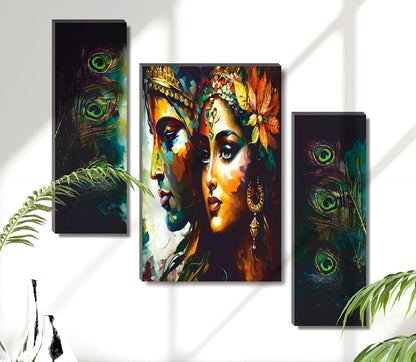 Radha Krishna Abstract Portrait & Peacock Feather Wall Art – Vibrant 3-Panel UV-Printed Triptych | Ready-to-Hang Spiritual Décor for Living Room, Bedroom & Pooja Room (20 Inch x 12 Inch) JM-35287