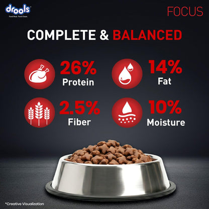 Drools Focus Premium Adult Dry Dog Food 1.2kg Pack | Chicken Flavour | Growth & Intelligence | Digestive Health | Healthy Skin & Coat | Improves Immunity
