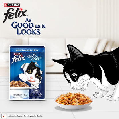 Purina Felix Sardine in Jelly, Wet Food for Adult Cats, 85g Pouch | With Sardine in Jelly, Tasty Meaty Chunks, 100% Complete & Balanced Nutrition, Vitamins D & E, Omega 6, Essential Minerals