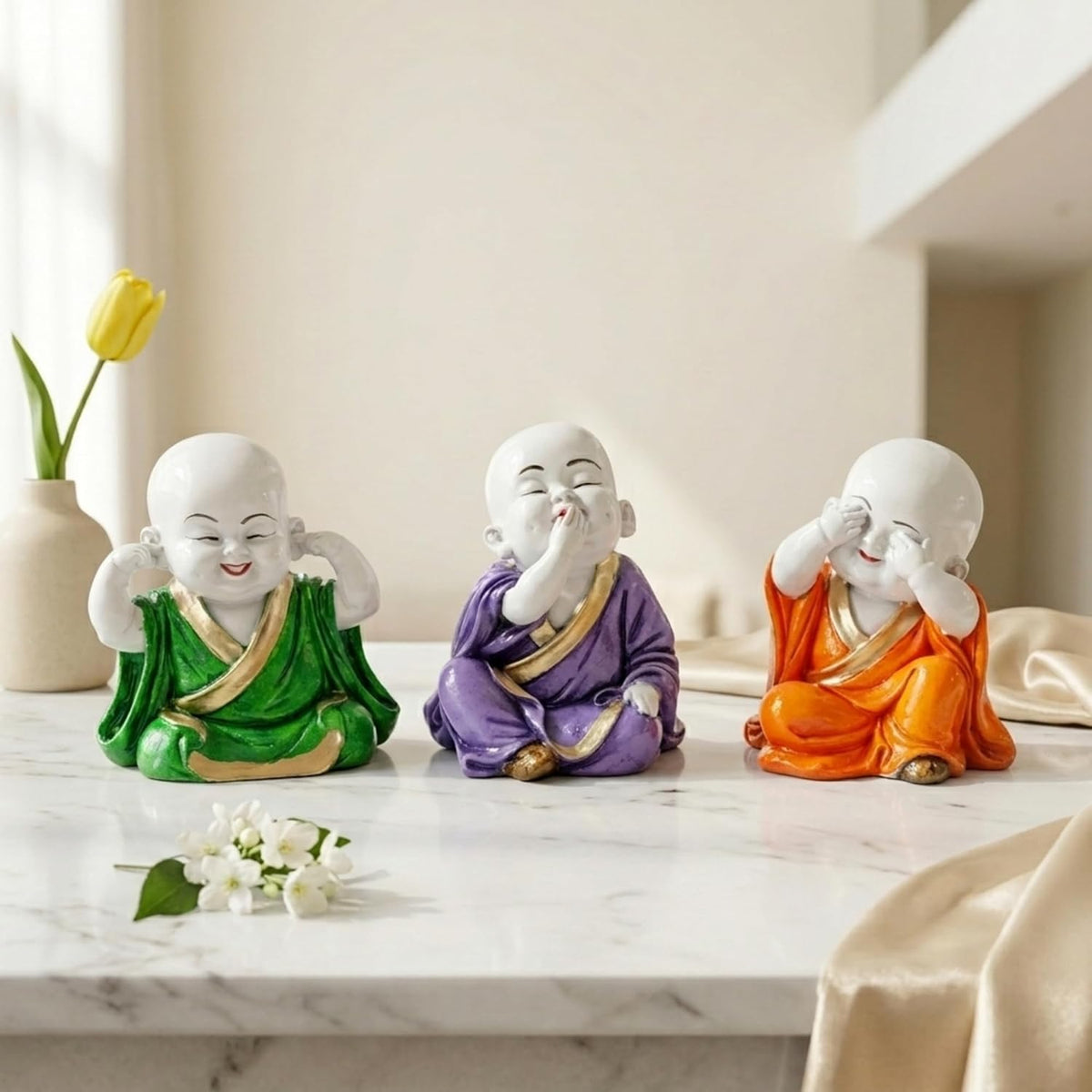 eCraftIndia Resin Green, Purple & Orange Think No Evil Speak No Evil Hear No Evil Set of 3 Cute Little Monk Buddha Statues Decorative Showpieces for Car Dashboard Home Office Desk Decor Gift Purpose