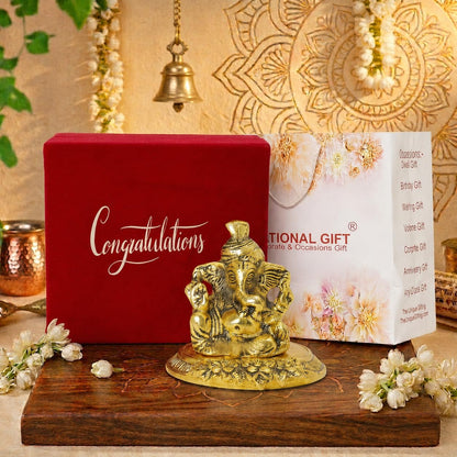 Pagdi Ganesh Idol Showpiece | 'Congratulations' Tag with Velvet Box & Carry Bag | Ideal for Weddings, Housewarmings, and Festive Celebrations