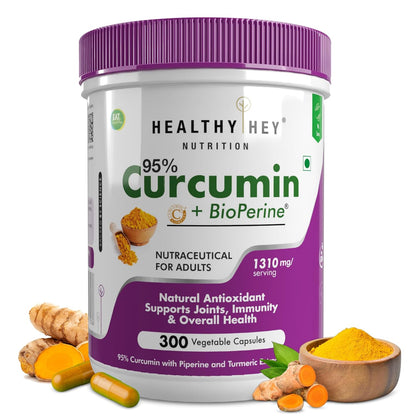 Container of Healthy Hey Nutrition 95% Curcumin with BioPerine on a white background