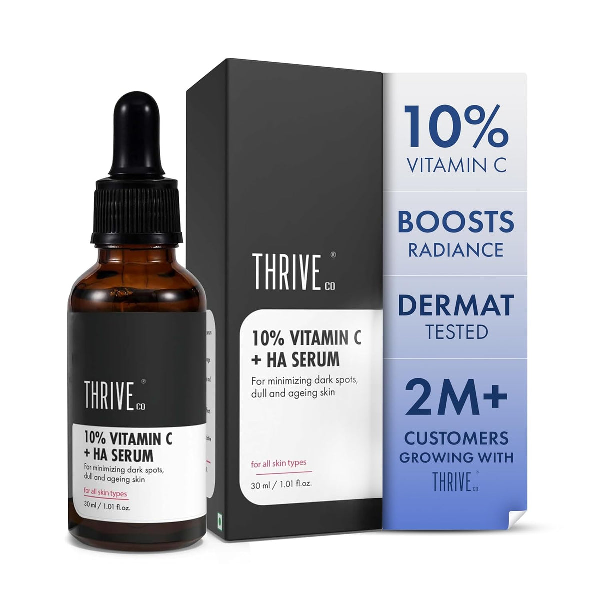 Thrive 10% Vitamin C + HA Serum with packaging on a white background