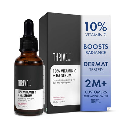 Thrive 10% Vitamin C + HA Serum with packaging on a white background