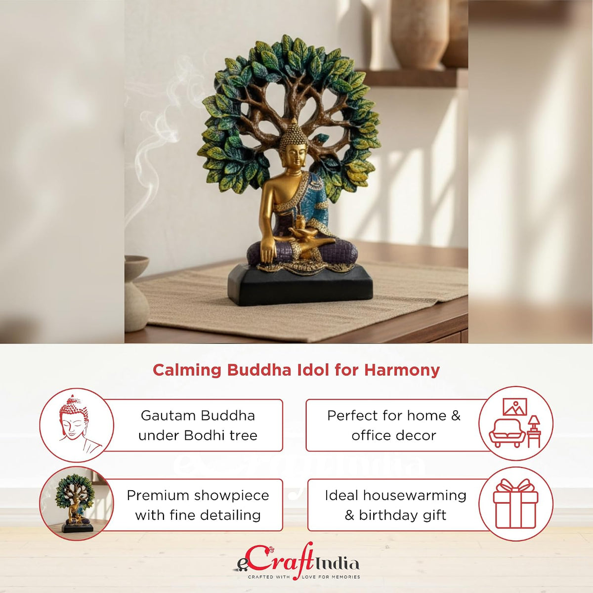 eCraftIndia Lord Buddha Statue for Home Decor Living Room | Gautam Buddha Idol Under the Bodhi-Tree | Showpiece Gift for Housewarming Birthday