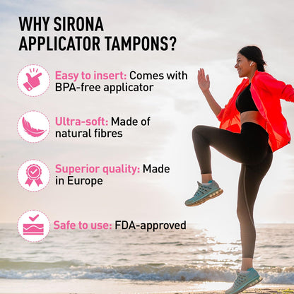 Woman exercising on a beach with Sirona Applicator Tampons promotional text overlay.