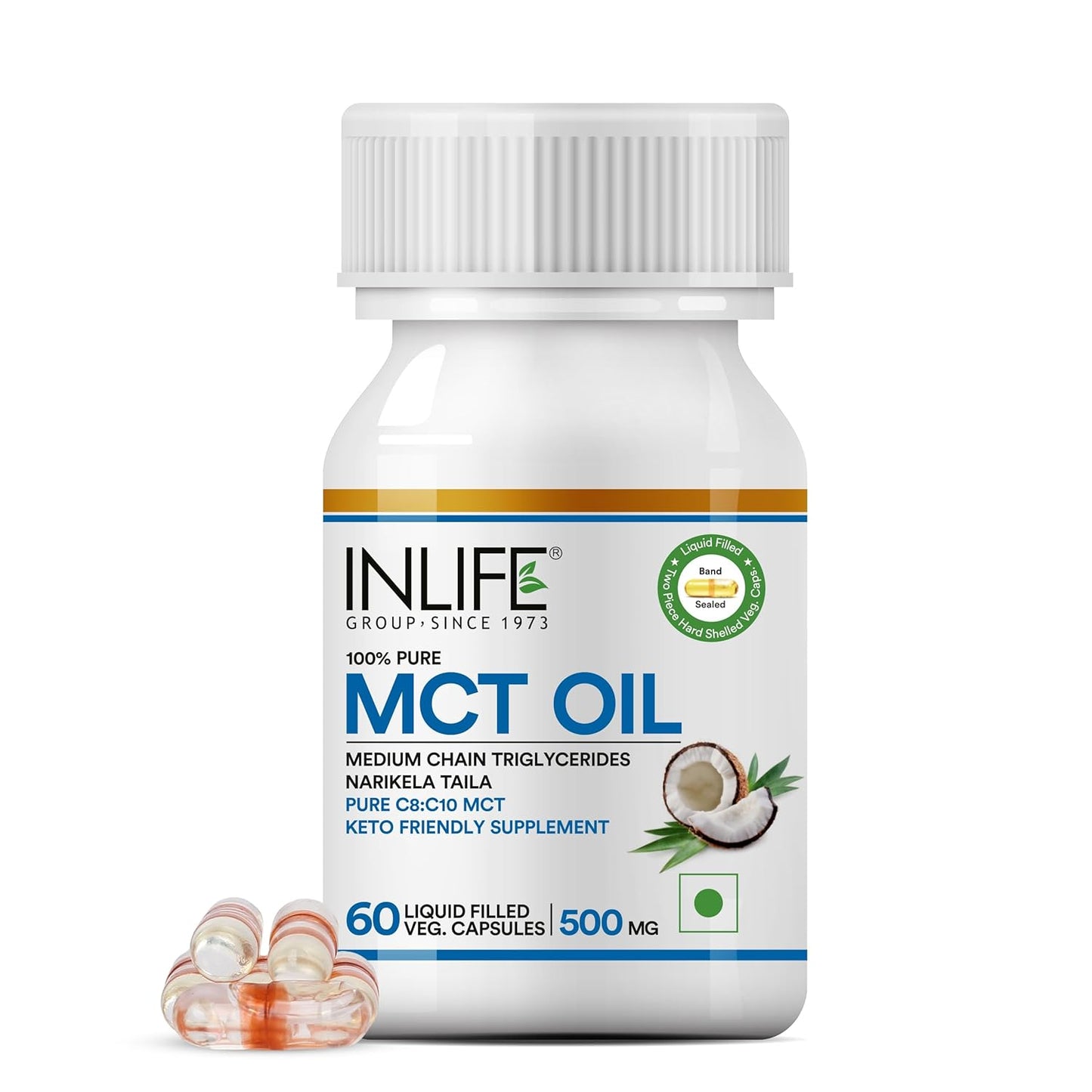 INLIFE Pure MCT Oil C8 C10 Keto Diet Friendly Advanced Products, Weight & Fat Management Food Supplement, 500mg - 60 Vegetarian Capsules (Pack of 1, 60, count)