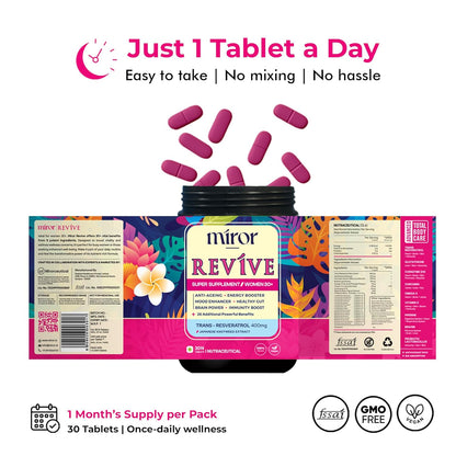 Miror Revive Anti-Aging & Women’s Daily Wellness Supplement with Resveratrol, Glutathione, Curcumin, Probiotics & CoQ10, Energy, Skin Glow, Gut Health & Immunity Support, Non-GMO, (30 Days Pack)