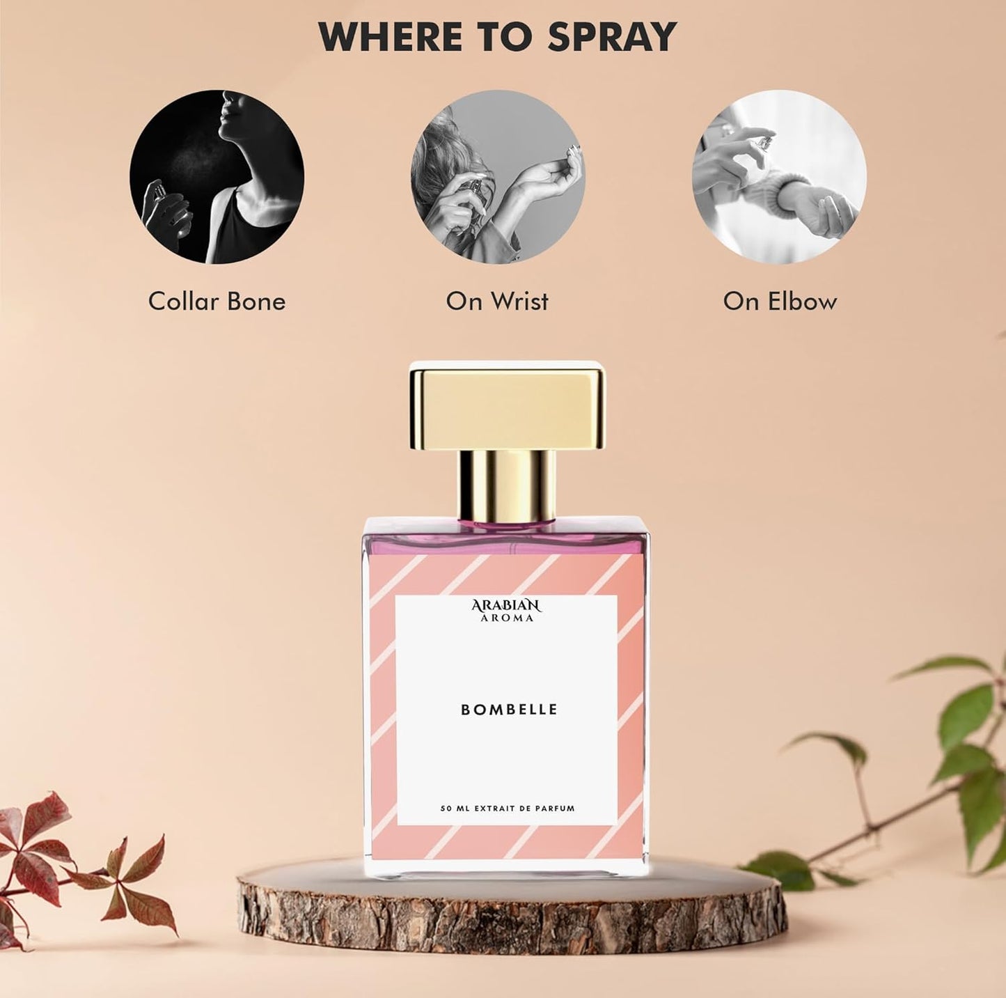 Perfume bottle with application instructions on a beige background