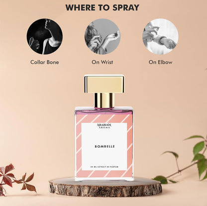 Perfume bottle with application instructions on a beige background