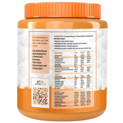 Growfitz Natural Peanut Butter Crunchy 26g, 800 Gram, Pack of 1 | Unsweetened | High Protein | Nut Butter Spread-Workout Snacks | No Sugar, Cholesterol Free, Multi-Vitamins & Boost Muscles (Crunchy)