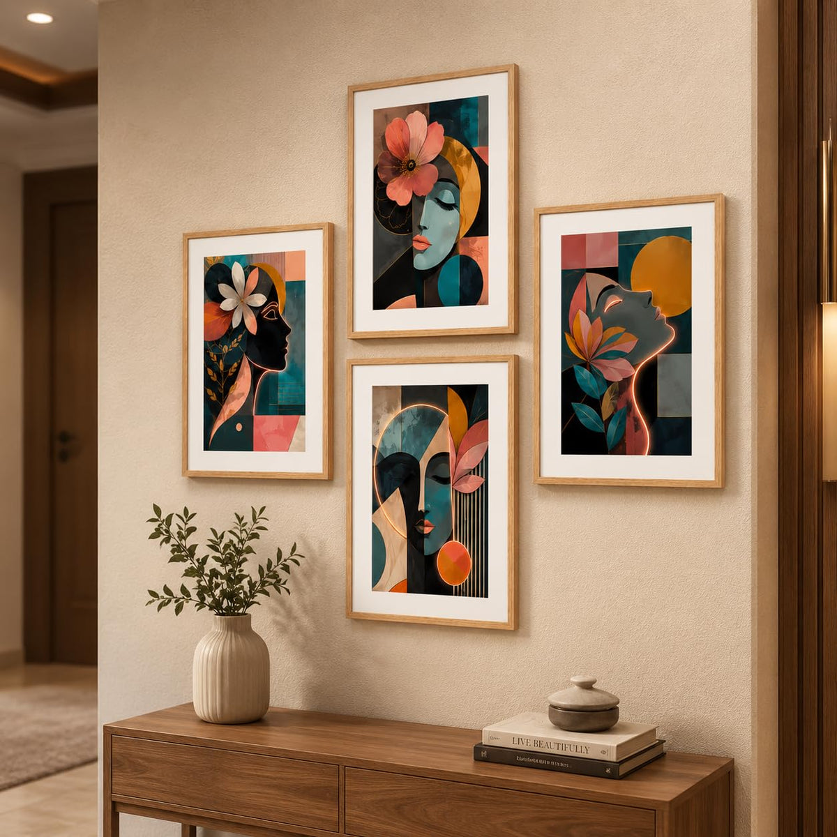 Set of 4 Abstract Face Floral Wall Paintings with Sparkle Laminate and Premium Wooden Synthetic Frame for Living Room Bedroom Office Decor (13.5 x 19.5 Inch)