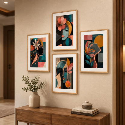 Set of 4 Abstract Face Floral Wall Paintings with Sparkle Laminate and Premium Wooden Synthetic Frame for Living Room Bedroom Office Decor (13.5 x 19.5 Inch)